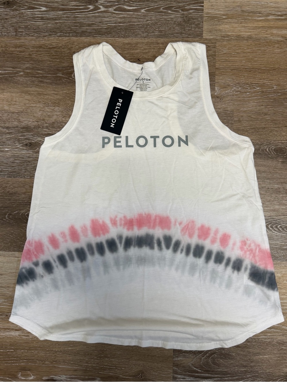 Peloton Women’s White Tie-Dye Muscle Tank — Pink & Gray Accent